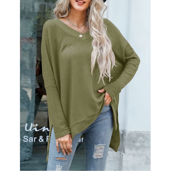 NWOT Waffle Knit High Low V-Neck Tunic M Army Green - Picture 3 of 8